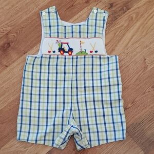 Anavini Plaid 9 Month Smocked Golf Cart Club Ball Shortalls - Green/Blue Gingham